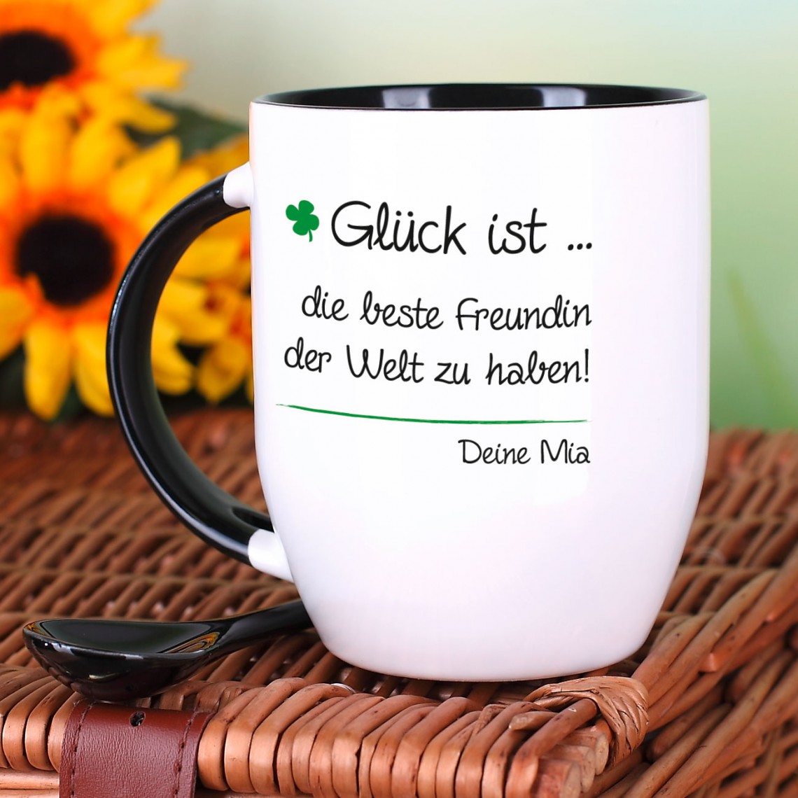 Kaffeebecher mit Löffel – Glück ist – mit Wunschtext